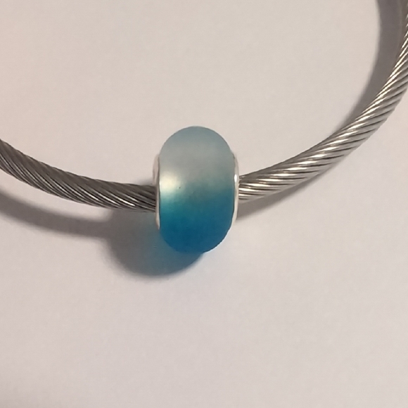 Silver Two Tone Frosted Blue And White Charm for Pandora Style Bracelet - Picture 1 of 6